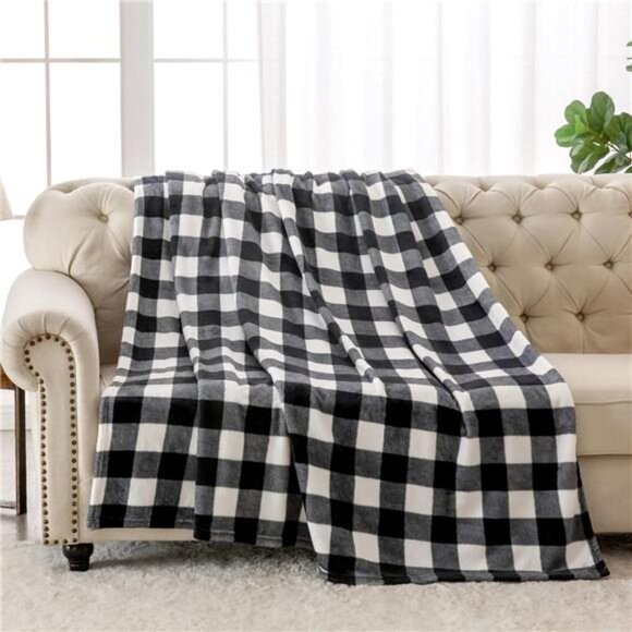 Plaid Fleece Throw Blanket for Couch, Black & White Checkered Flannel Blanket - Picture 6 of 7